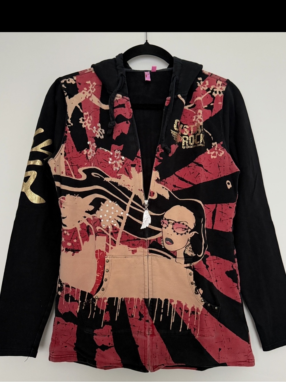 Ed Hardy Christian Audigier Crystal Rock Graphic Full-zip Hoodie Pink Label Sz M